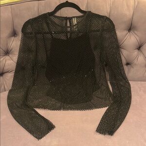 Anthropologie Long Sleeve Beaded Black Rhinestone Mesh Sparkle Top